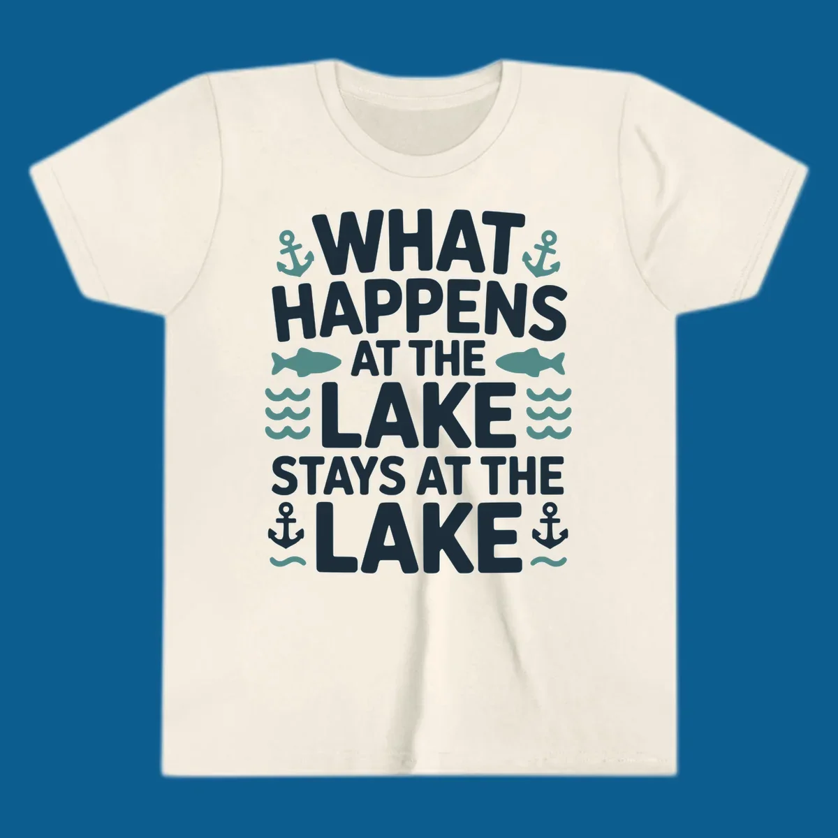 What happens at the lake stays at the lake quote with anchors, fish, and waves.