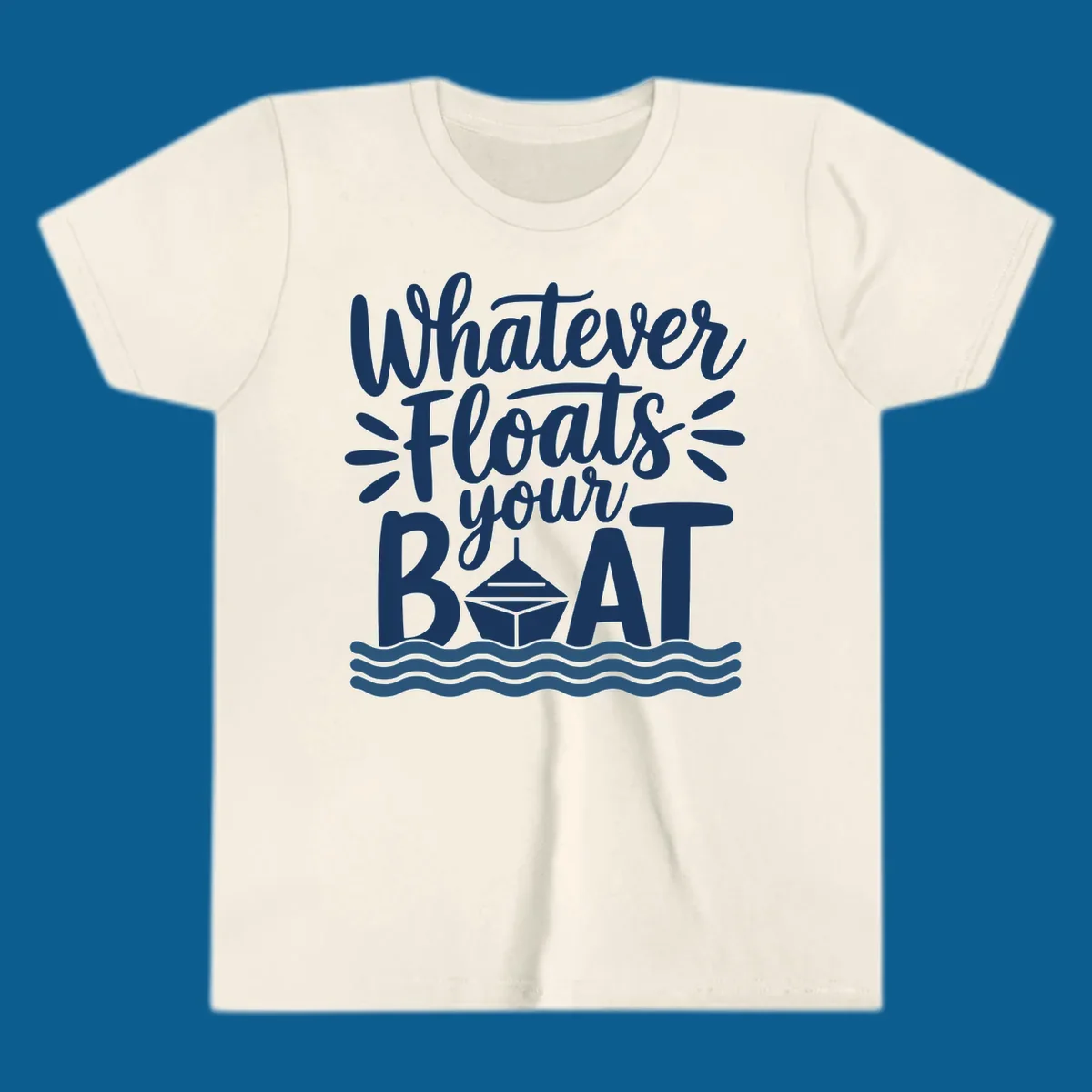 Text design that reads 'Whatever Floats Your Boat' with a graphic of a boat and waves.