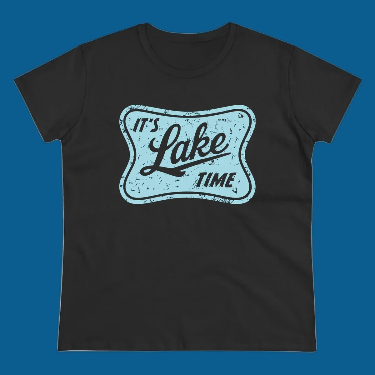 Vintage distressed sign with text 'IT'S LAKE TIME', perfect for lake life enthusiasts.