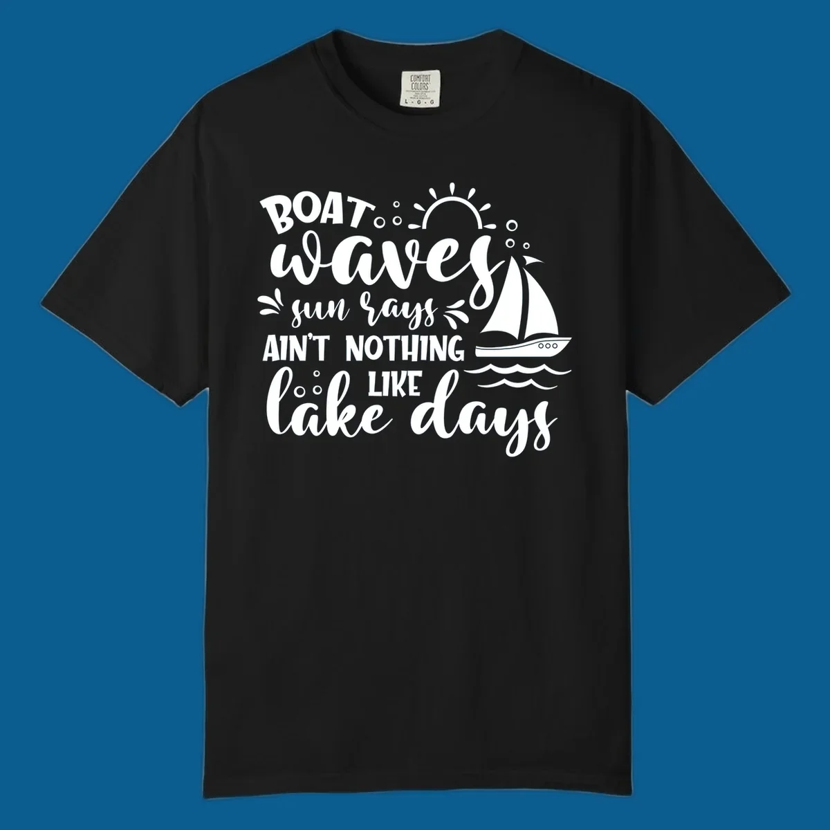 Boat waves sun rays lake days design with sailboat and sun
