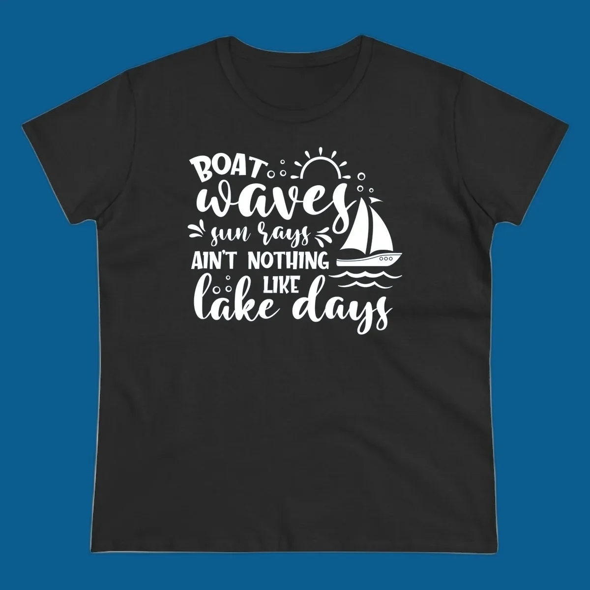 Boat waves sun rays lake days design with sailboat and sun