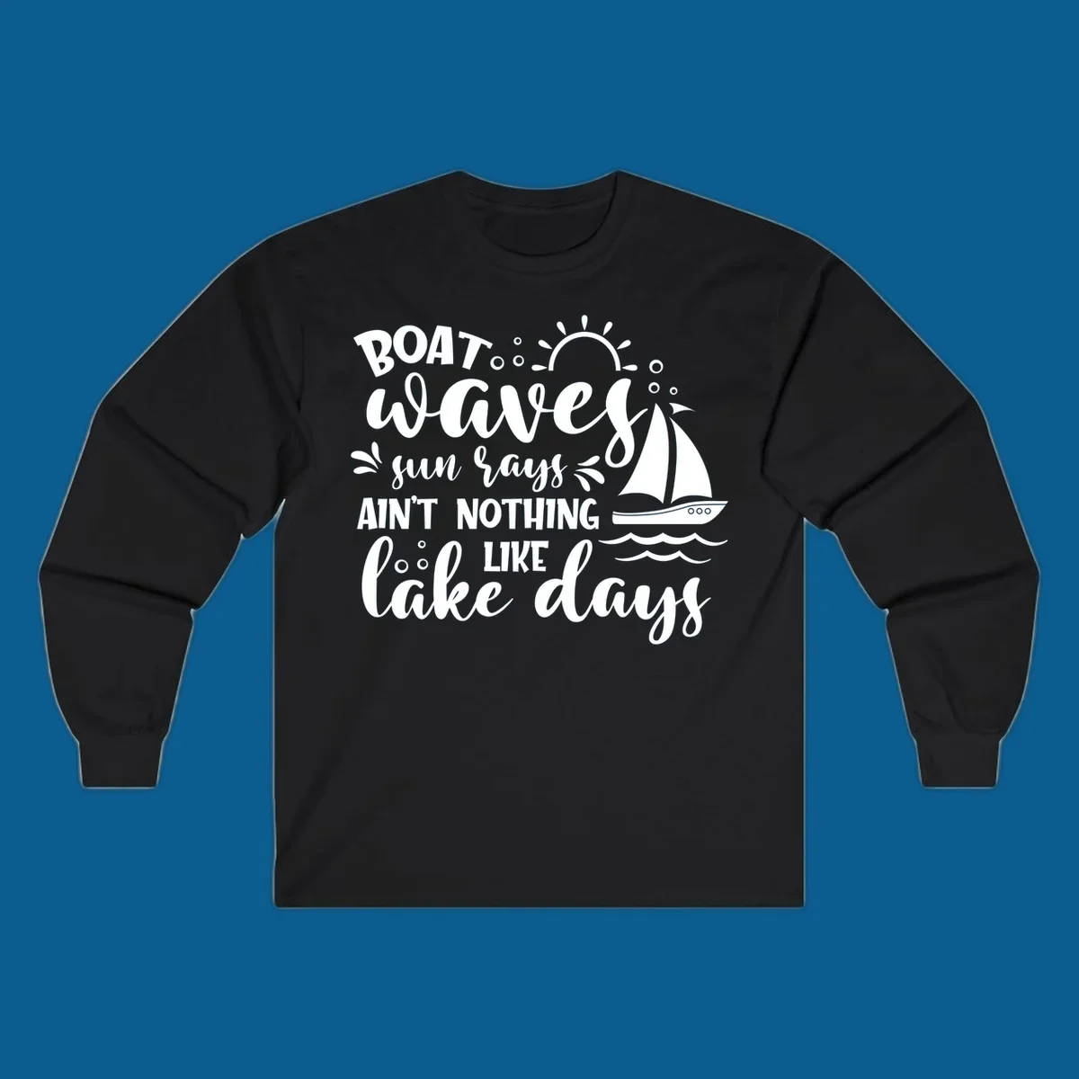 Boat waves sun rays lake days design with sailboat and sun