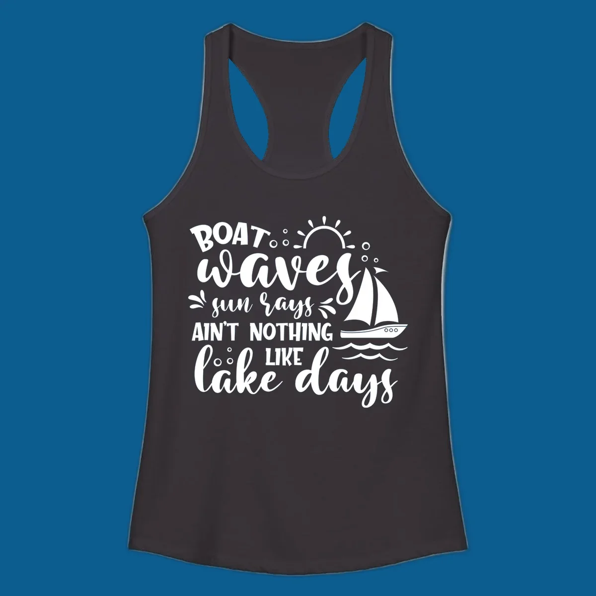 Boat waves sun rays lake days design with sailboat and sun