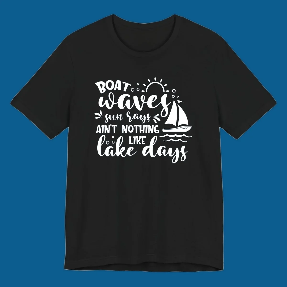Boat waves sun rays lake days design with sailboat and sun
