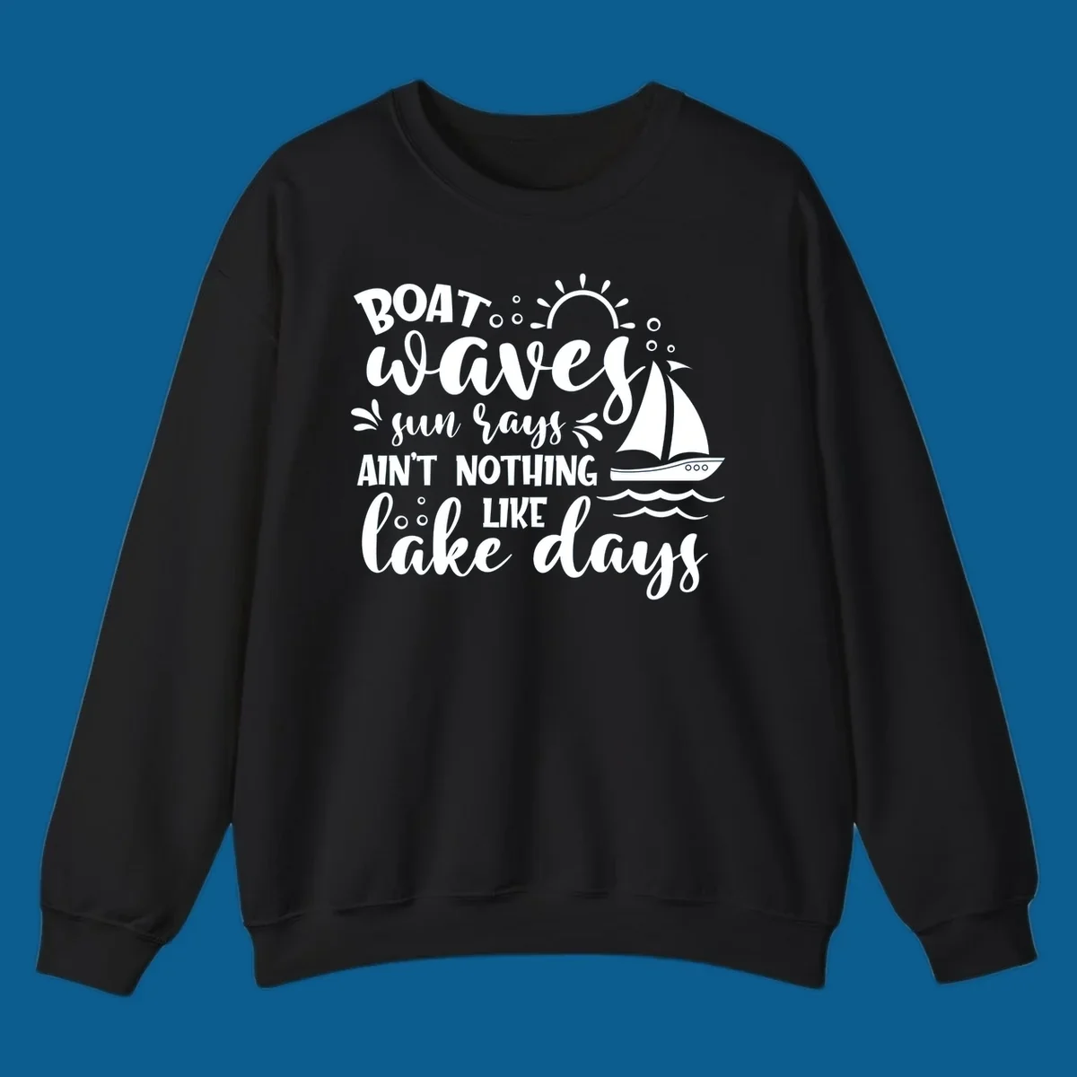 Boat waves sun rays lake days design with sailboat and sun