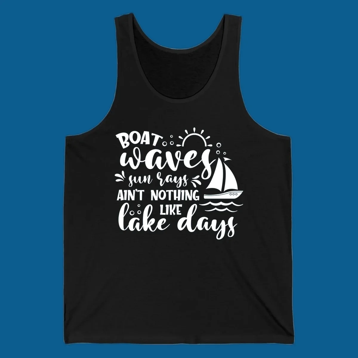 Boat waves sun rays lake days design with sailboat and sun