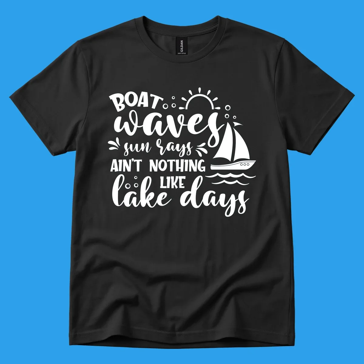 Boat waves sun rays lake days design with sailboat and sun