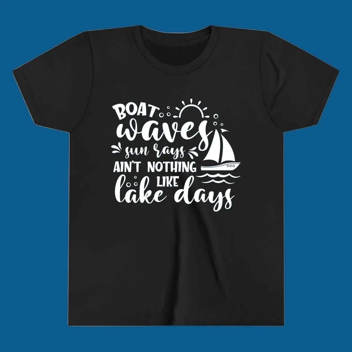 Boat waves sun rays lake days design with sailboat and sun