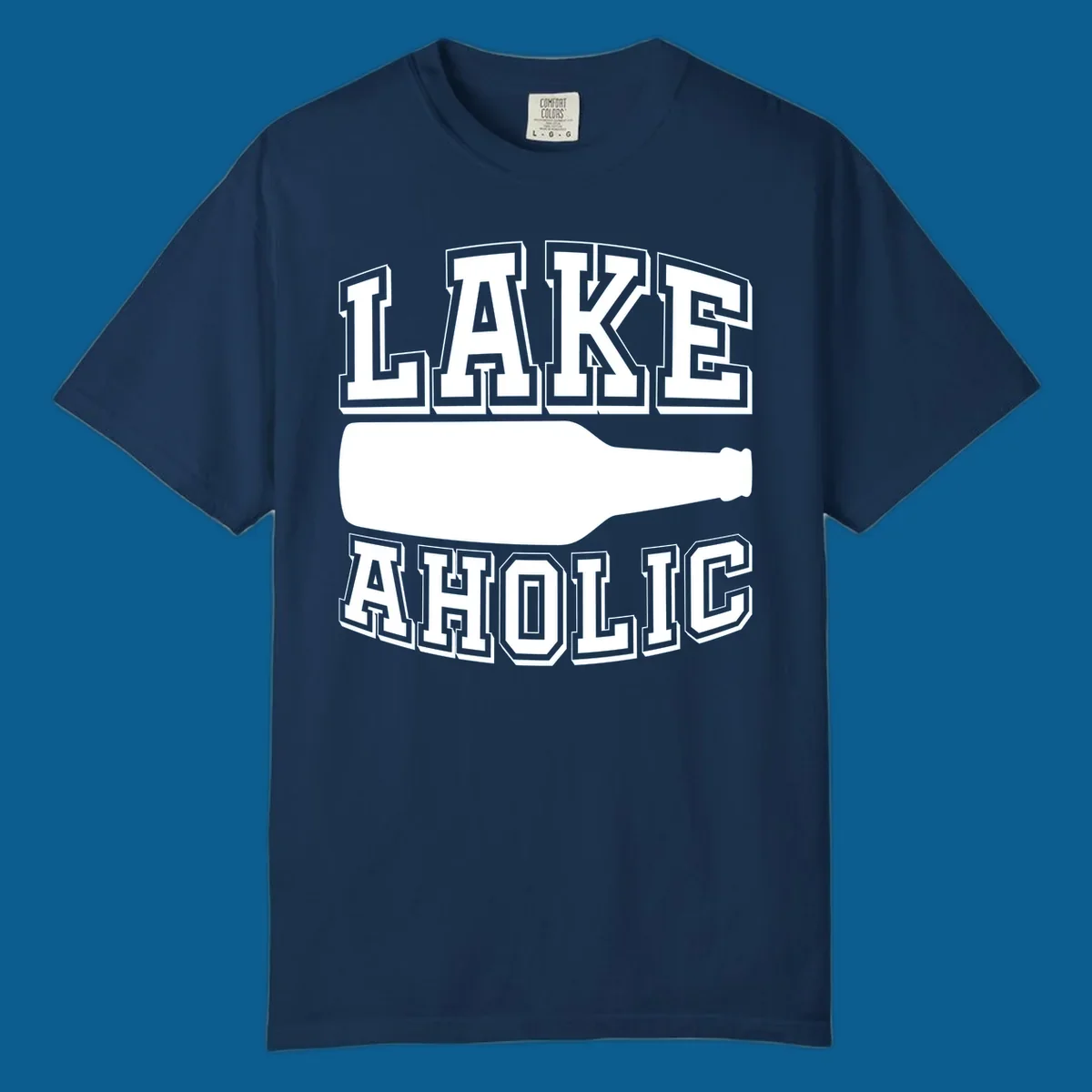 Lakeaholic bottle design with bold text and bottle silhouette.