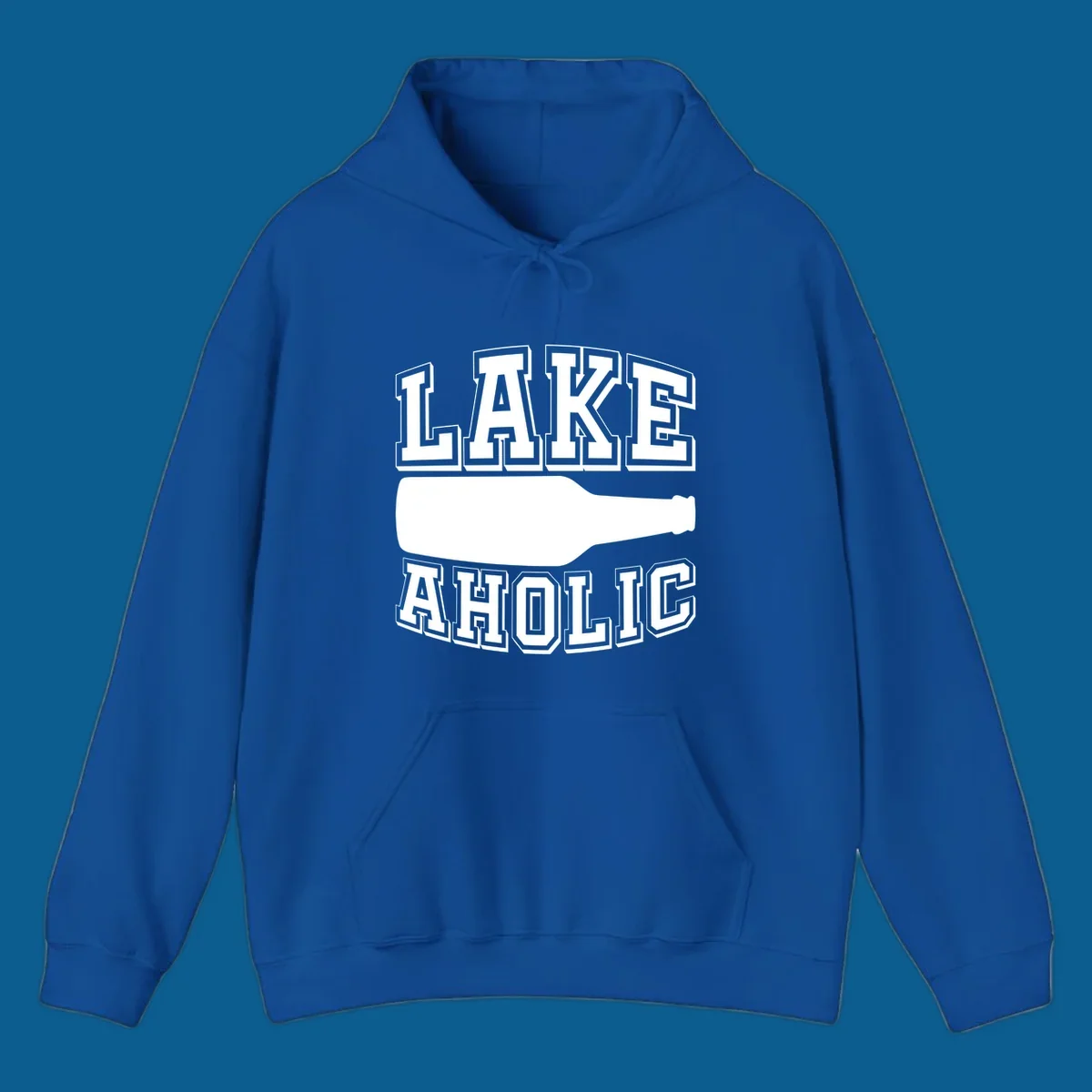 Lakeaholic bottle design with bold text and bottle silhouette.