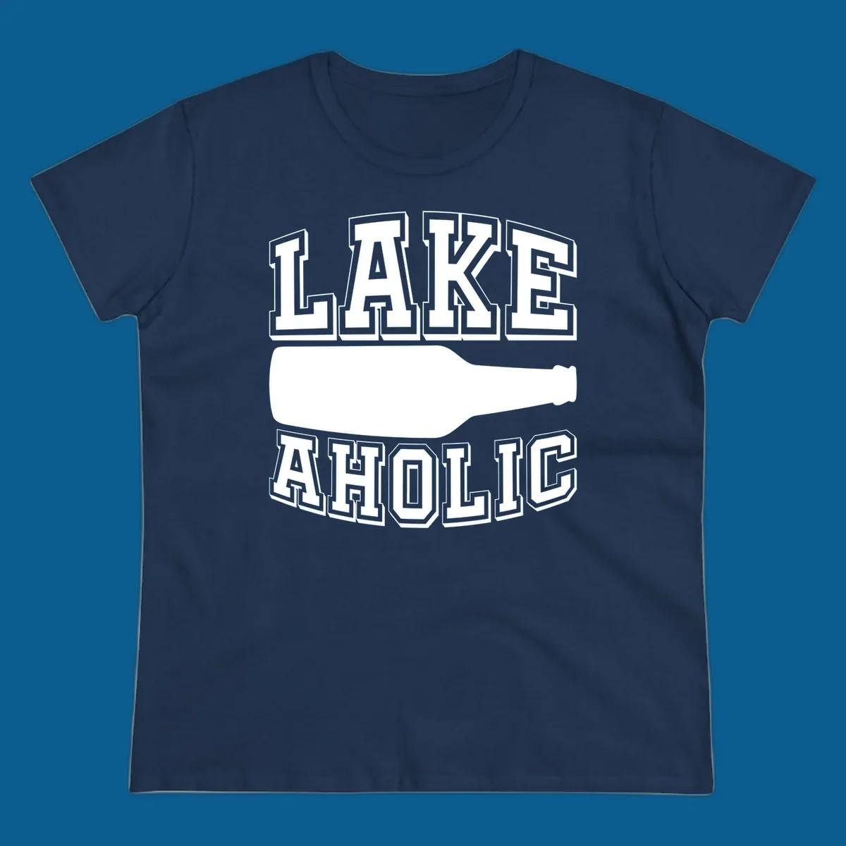 Lakeaholic bottle design with bold text and bottle silhouette.