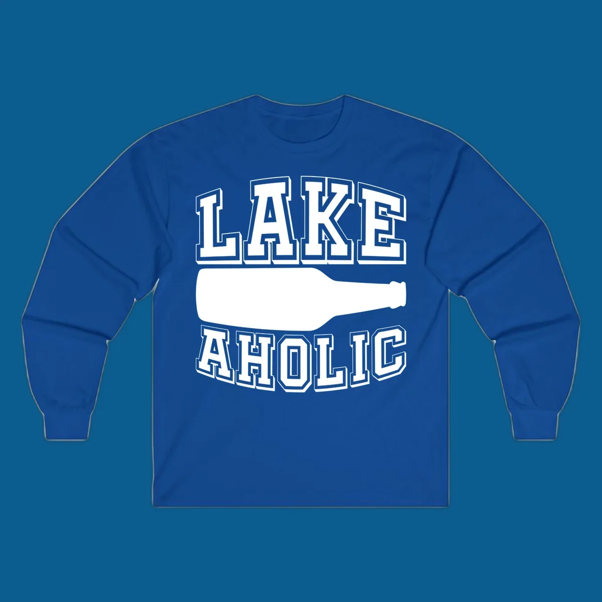 Lakeaholic bottle design with bold text and bottle silhouette.