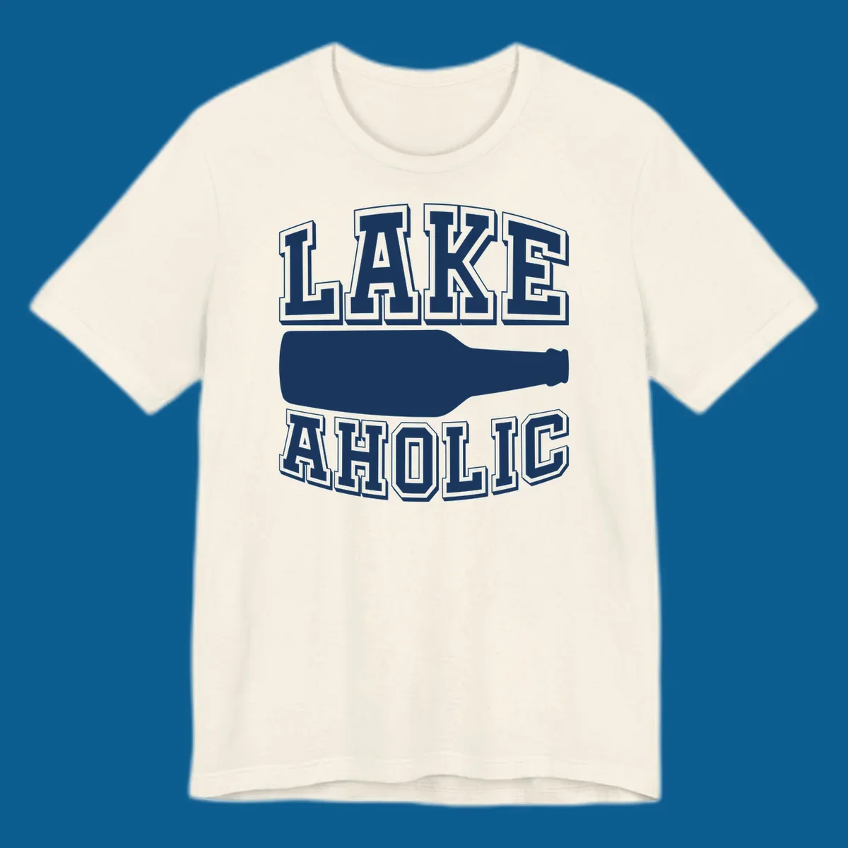 Lakeaholic bottle design with bold text and bottle silhouette.