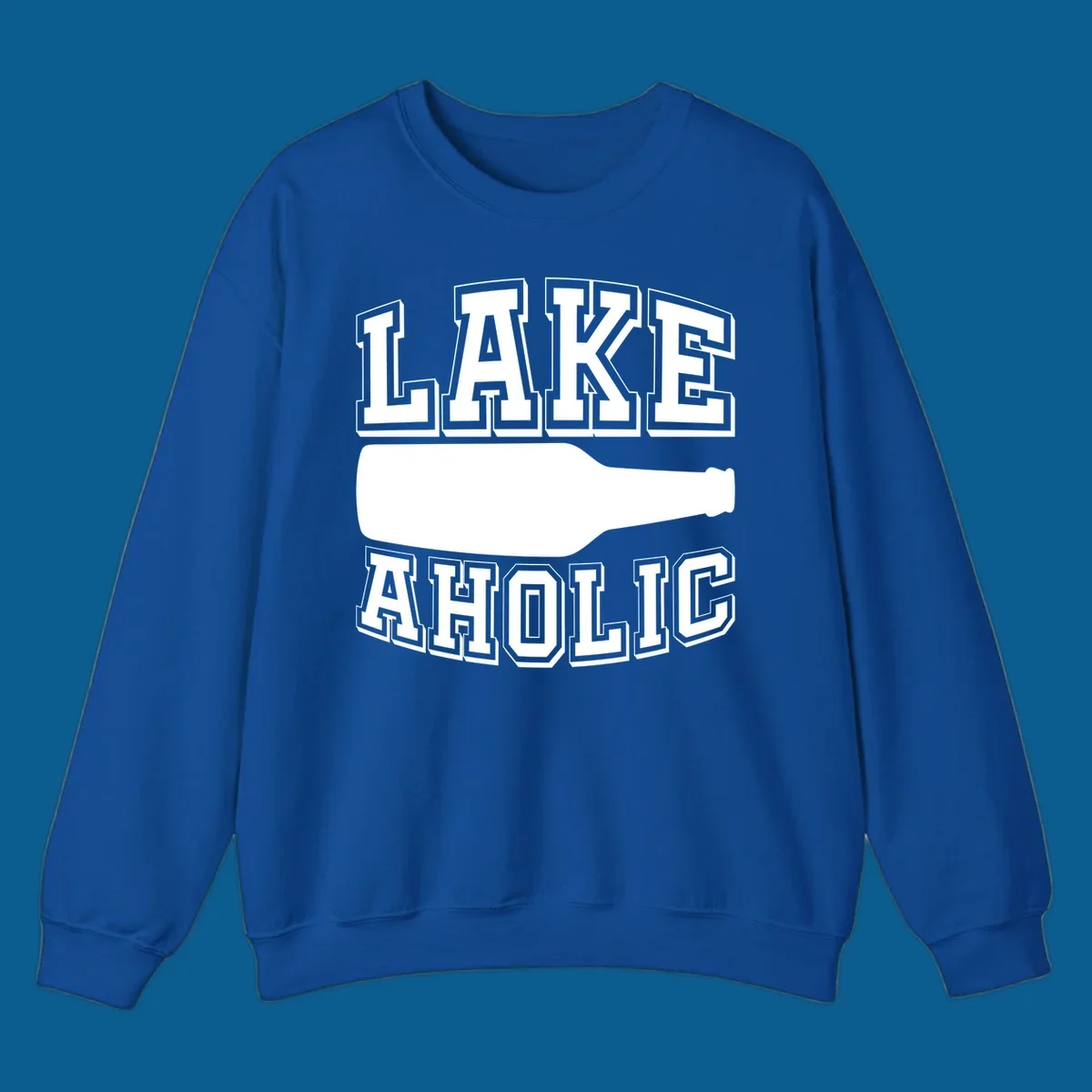 Lakeaholic bottle design with bold text and bottle silhouette.