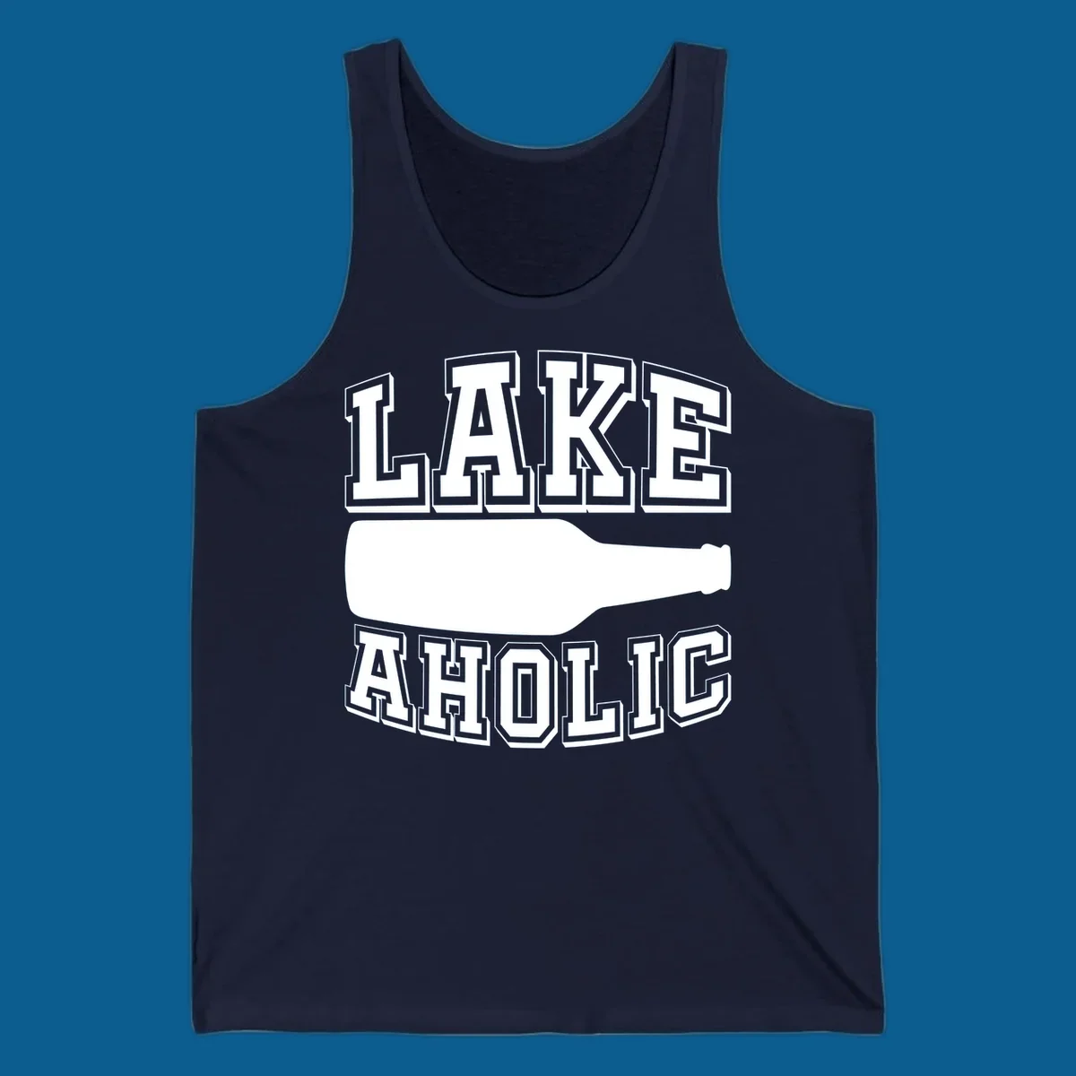 Lakeaholic bottle design with bold text and bottle silhouette.