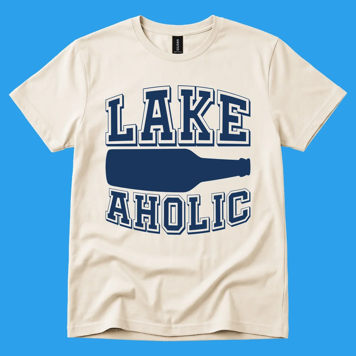Lakeaholic bottle design with bold text and bottle silhouette.