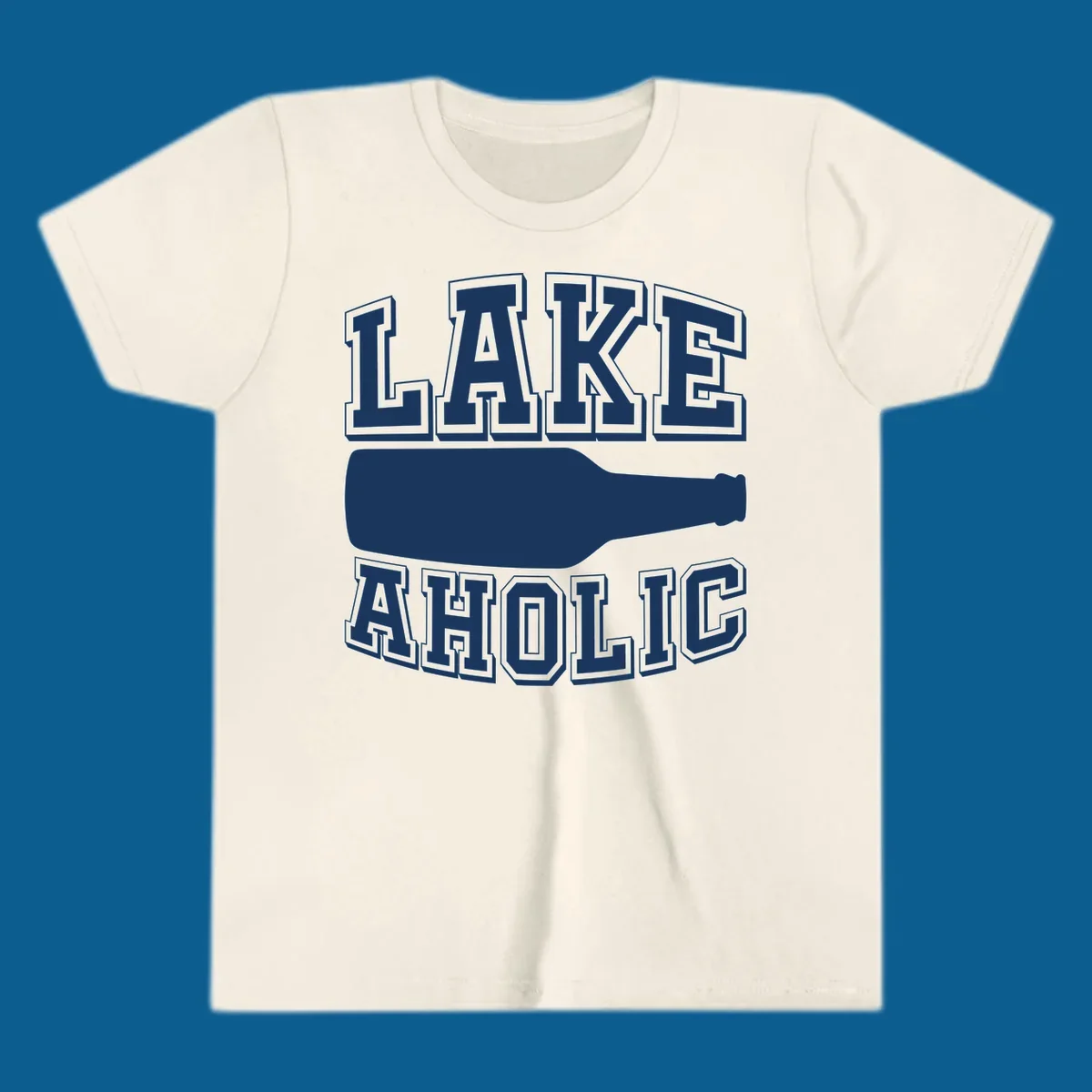 Lakeaholic bottle design with bold text and bottle silhouette.