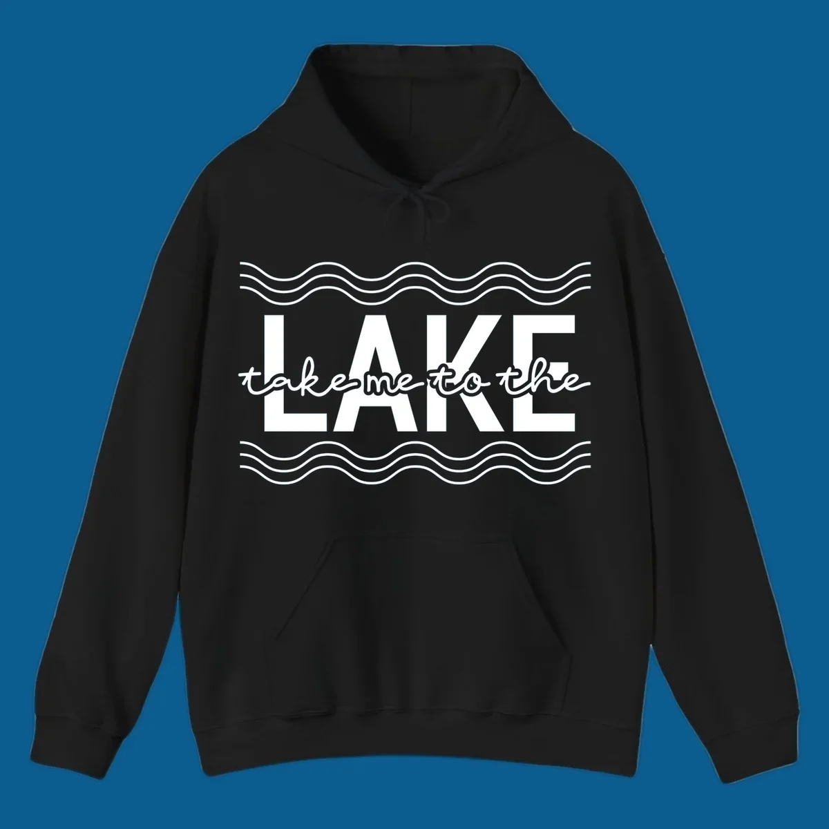 Lake life typography design with text 'take me to the LAKE' and wavy lines.