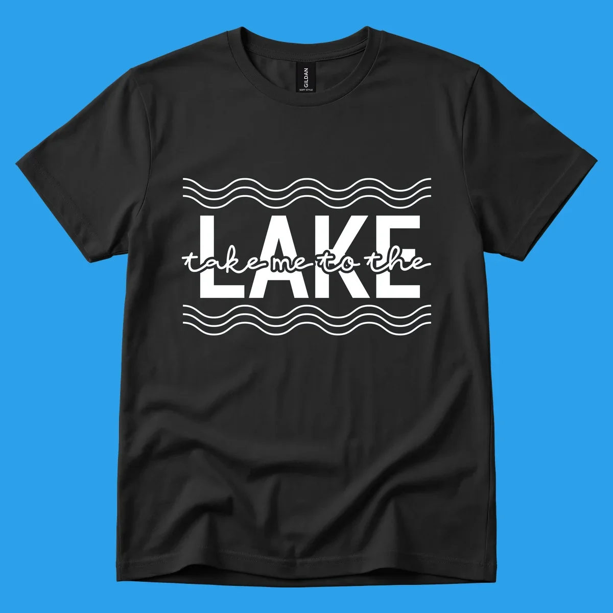 Lake life typography design with text 'take me to the LAKE' and wavy lines.