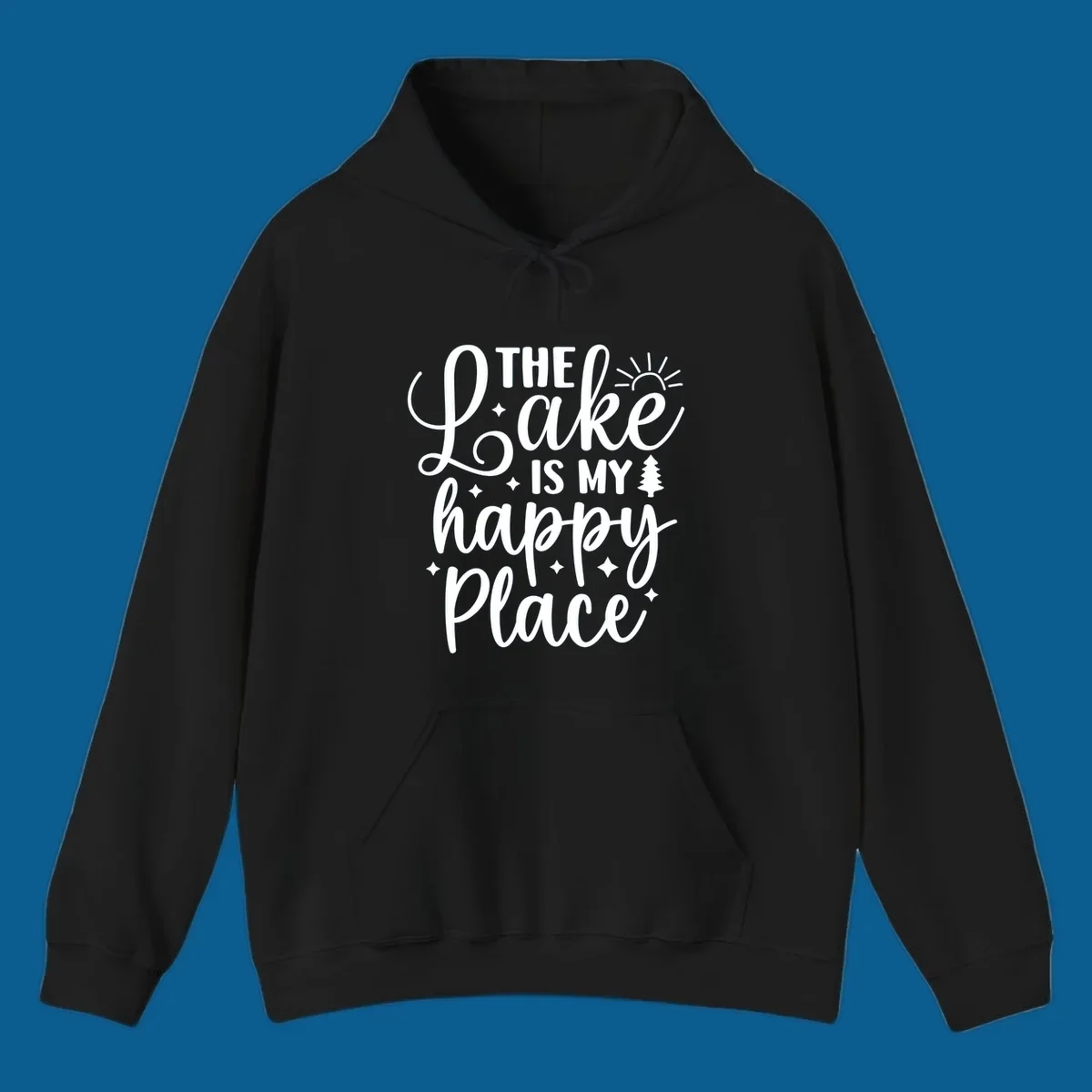 The Lake Is My Happy Place text and graphic design with sun, stars, and tree.