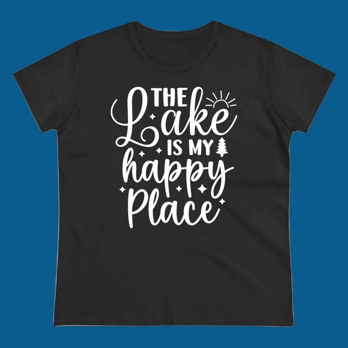The Lake Is My Happy Place text and graphic design with sun, stars, and tree.