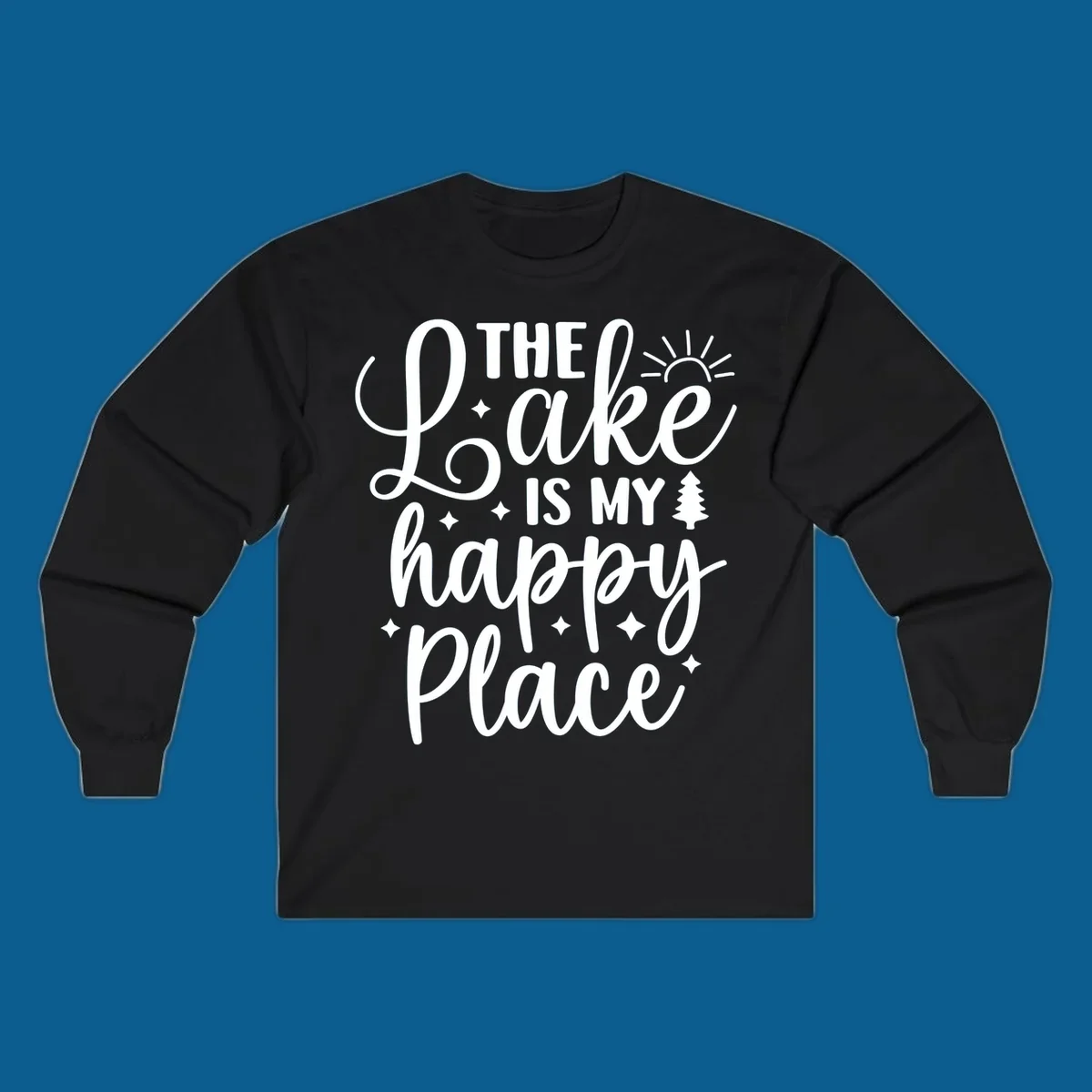 The Lake Is My Happy Place text and graphic design with sun, stars, and tree.