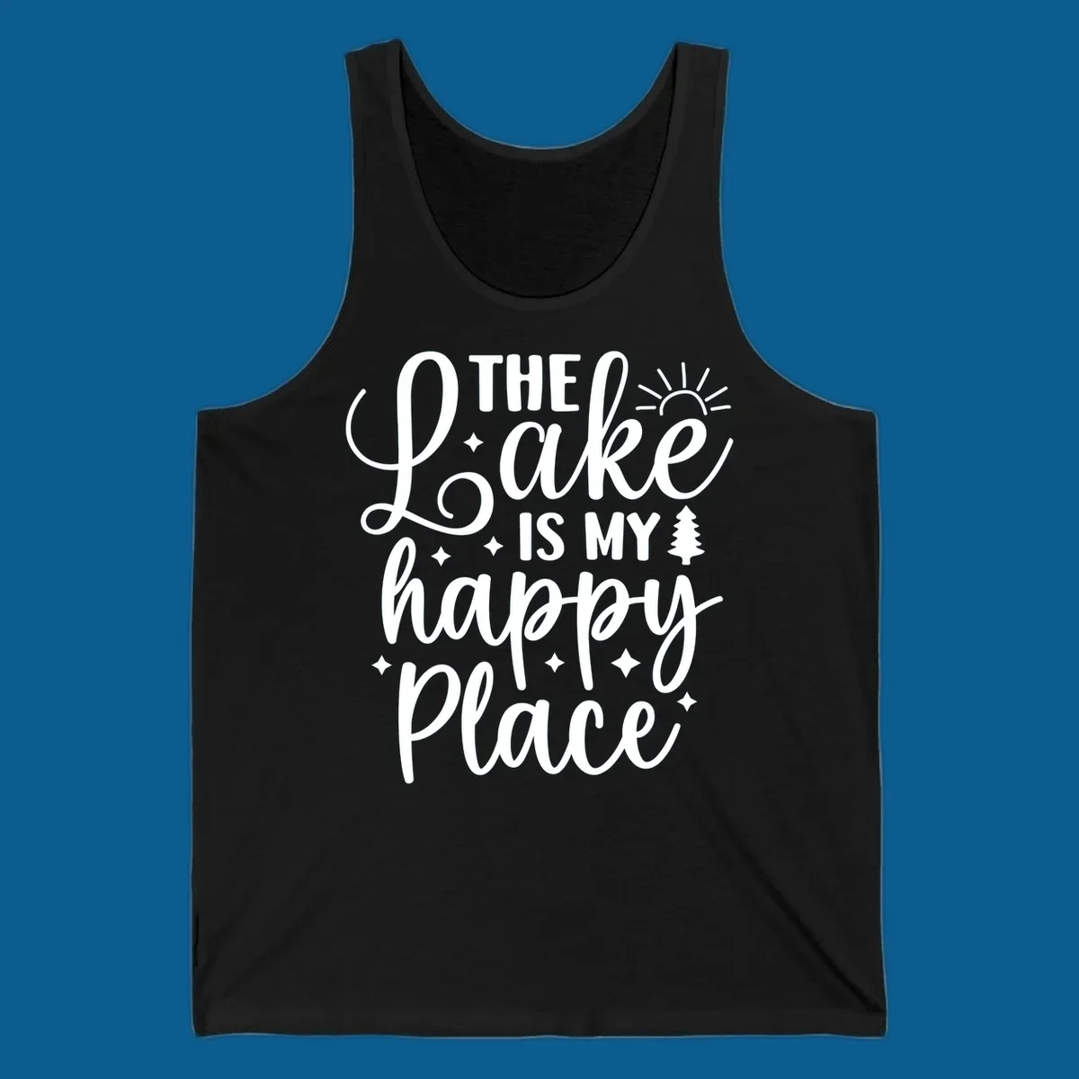 The Lake Is My Happy Place text and graphic design with sun, stars, and tree.