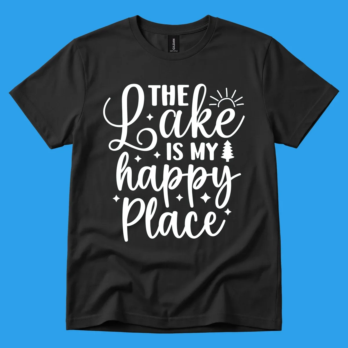 The Lake Is My Happy Place text and graphic design with sun, stars, and tree.