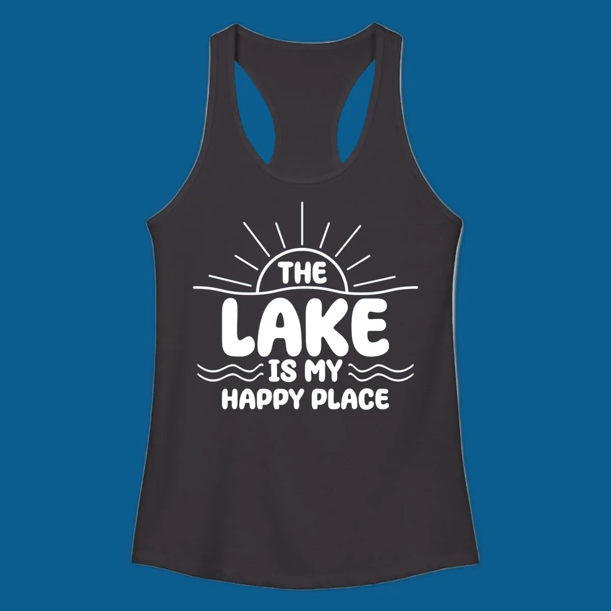 Text art for lake happy place with sun and waves.