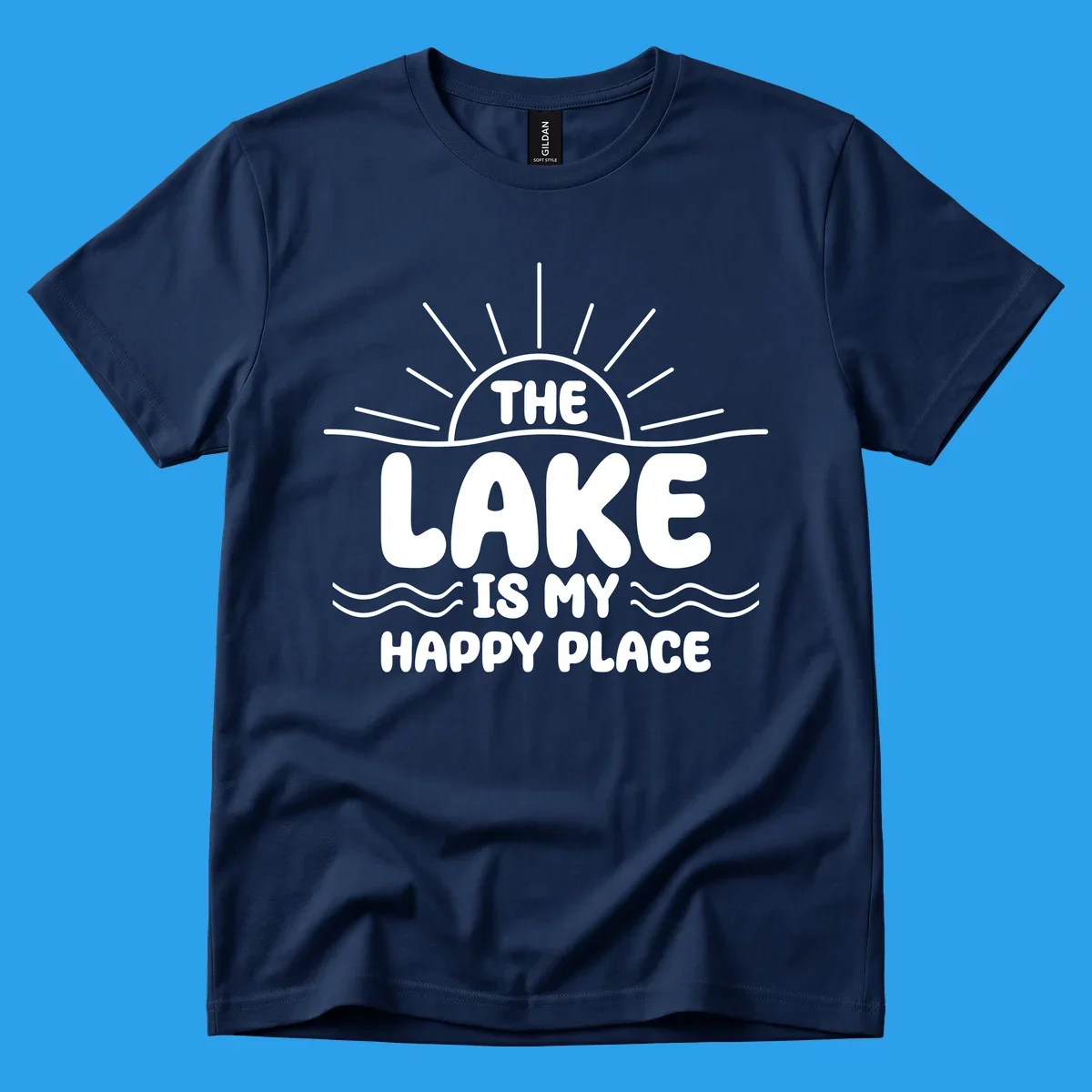 Text art for lake happy place with sun and waves.