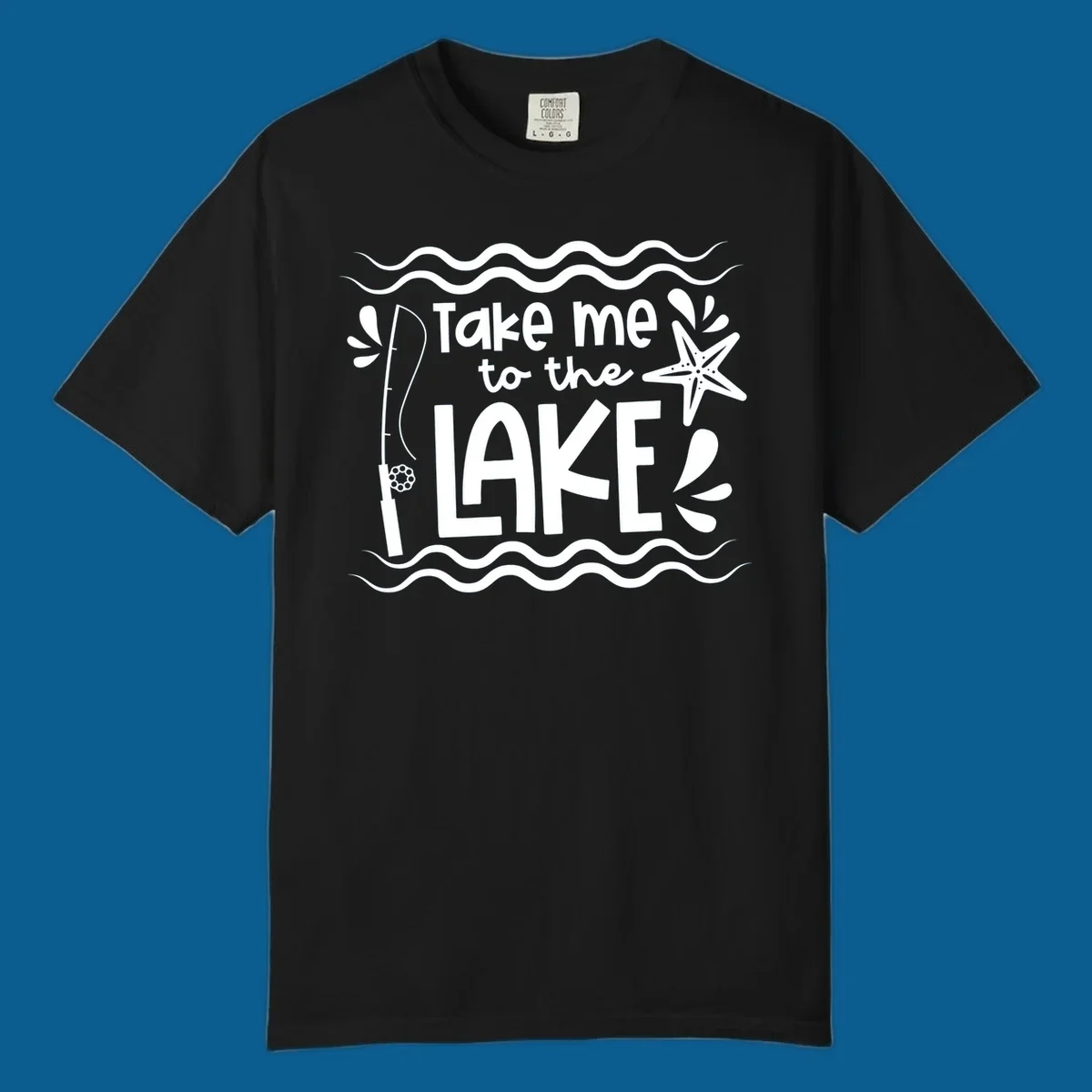Take me to the lake life vibes design with fishing rod, starfish, and waves.