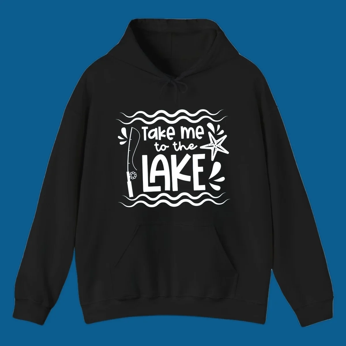 Take me to the lake life vibes design with fishing rod, starfish, and waves.