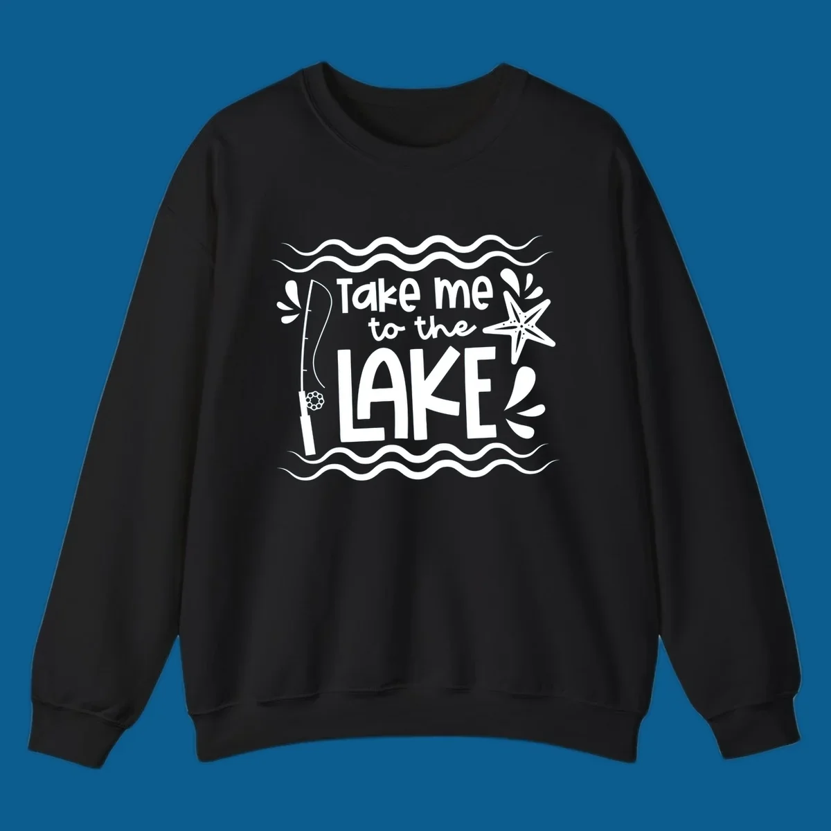 Take me to the lake life vibes design with fishing rod, starfish, and waves.