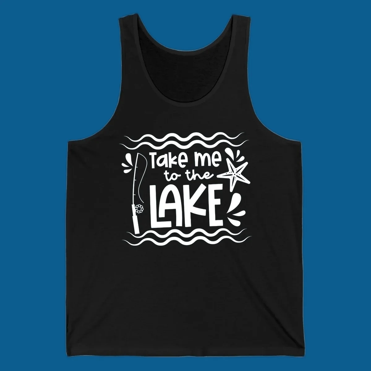 Take me to the lake life vibes design with fishing rod, starfish, and waves.