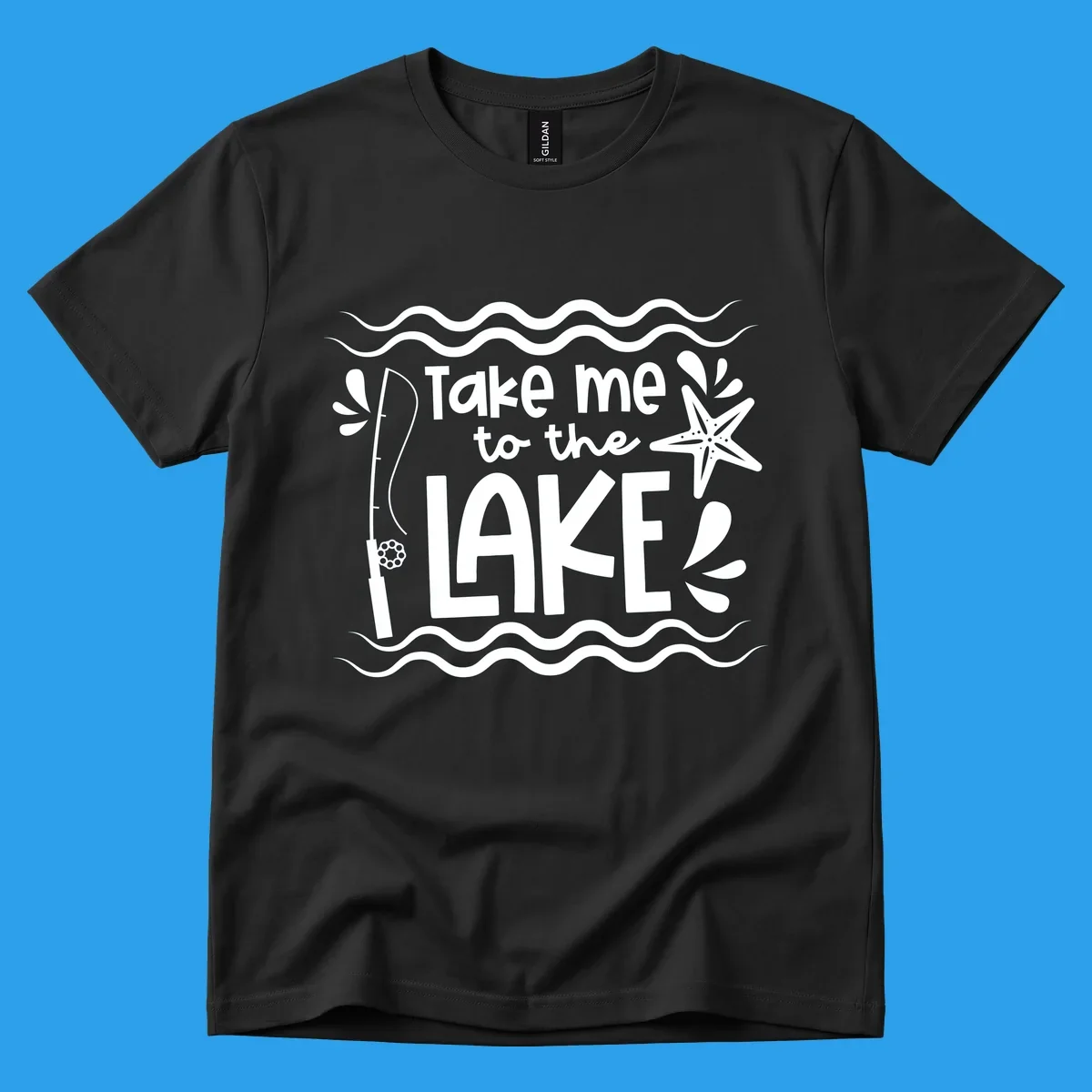 Take me to the lake life vibes design with fishing rod, starfish, and waves.