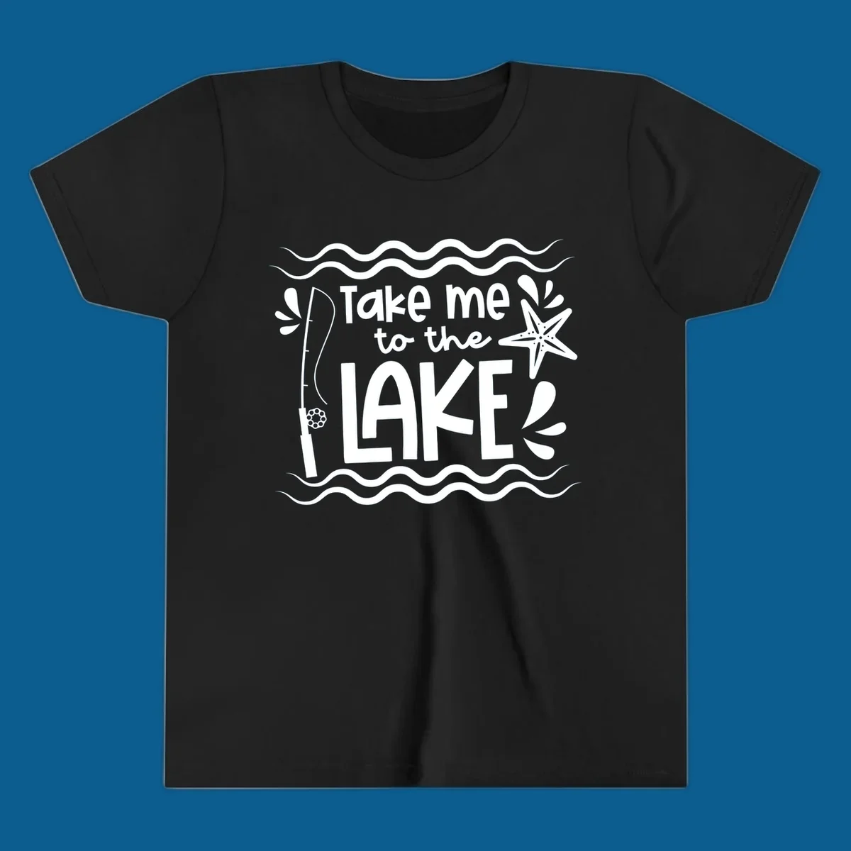 Take me to the lake life vibes design with fishing rod, starfish, and waves.