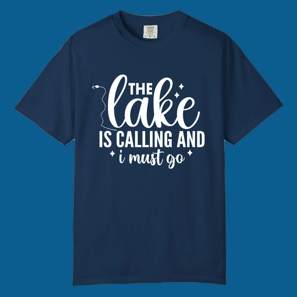 The lake is calling and I must go design with fishing rod and stars.