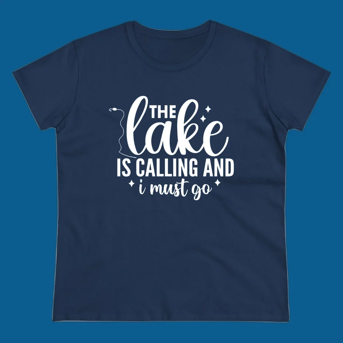 The lake is calling and I must go design with fishing rod and stars.