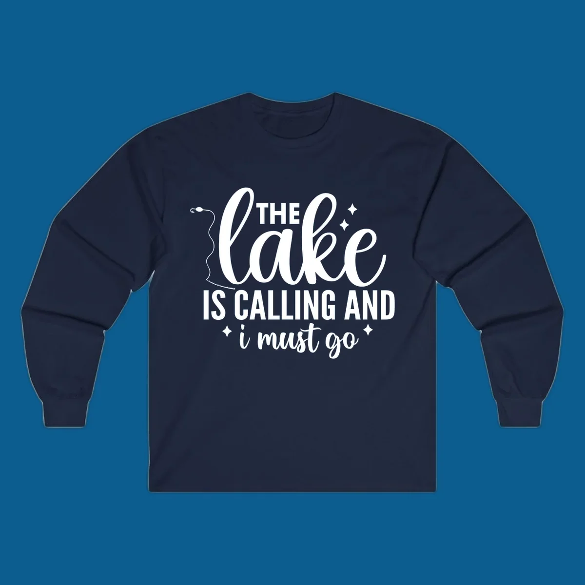 The lake is calling and I must go design with fishing rod and stars.