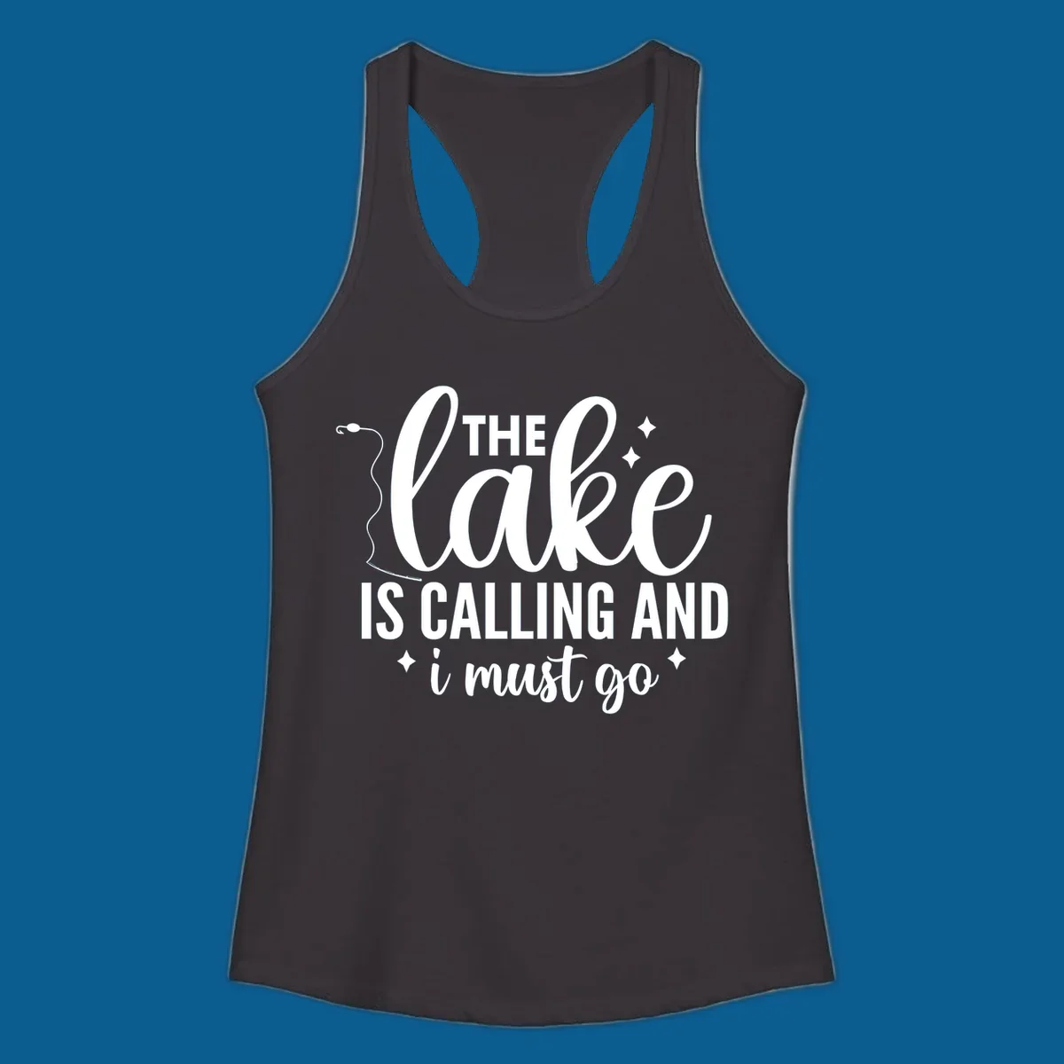 The lake is calling and I must go design with fishing rod and stars.