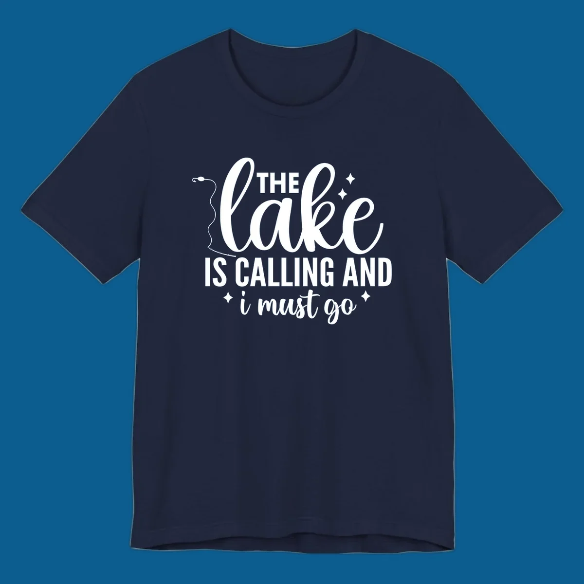 The lake is calling and I must go design with fishing rod and stars.