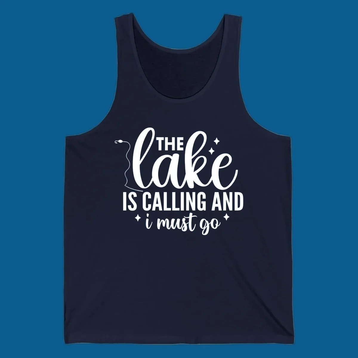 The lake is calling and I must go design with fishing rod and stars.