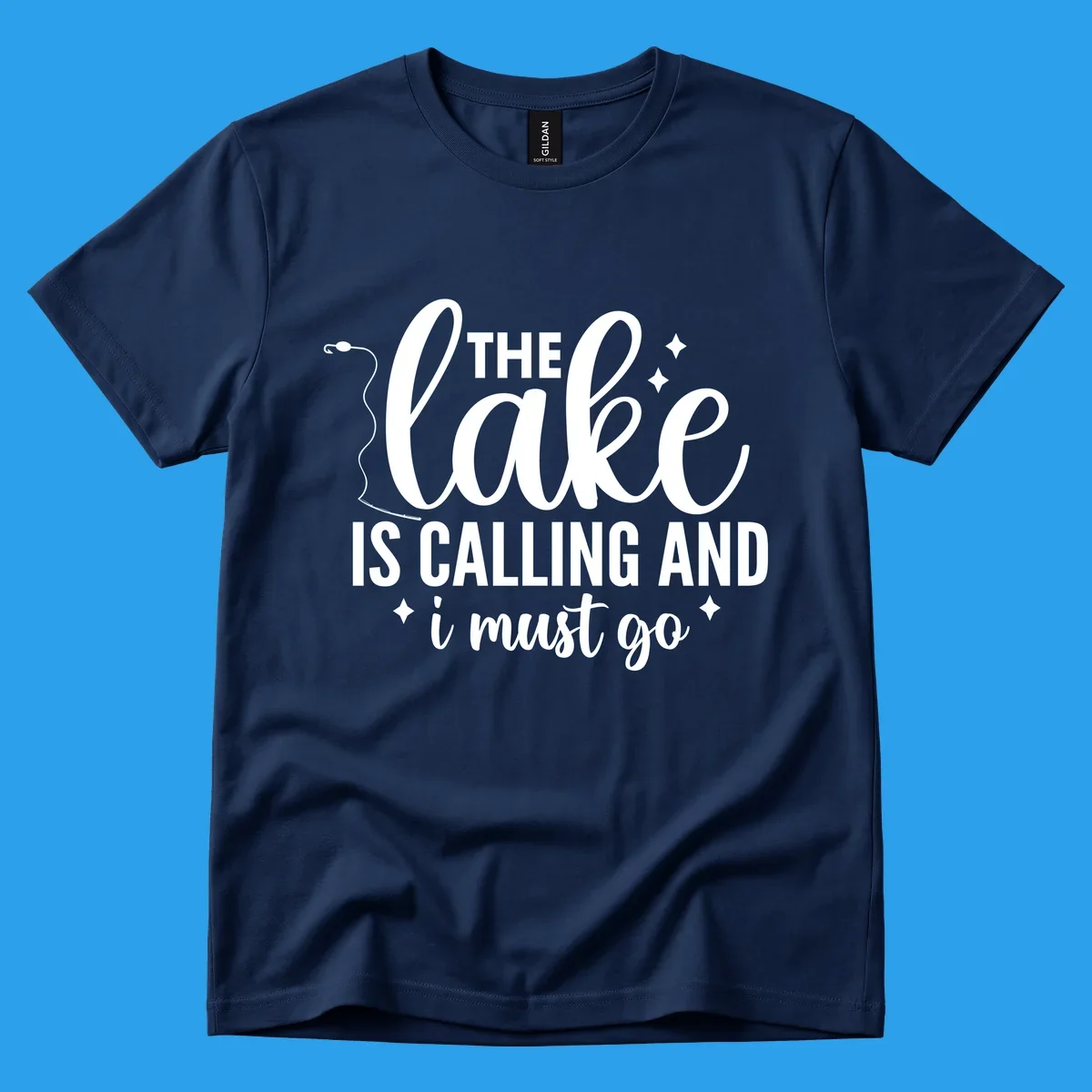 The lake is calling and I must go design with fishing rod and stars.