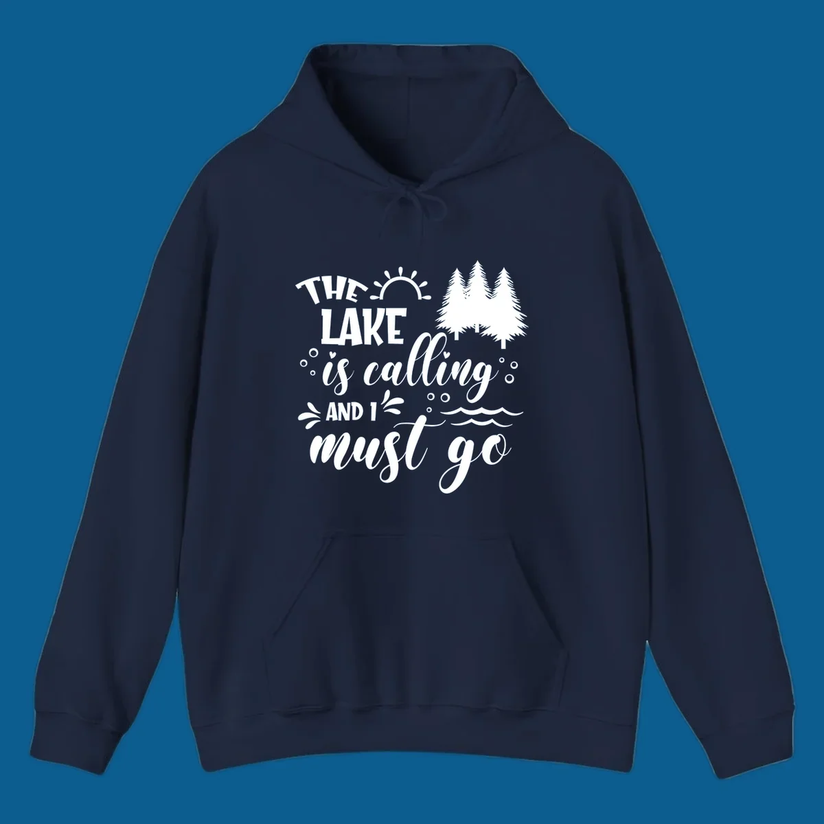 Typography design with 'The Lake Is Calling And I Must Go' phrase and nature elements, for lake life enthusiasts.