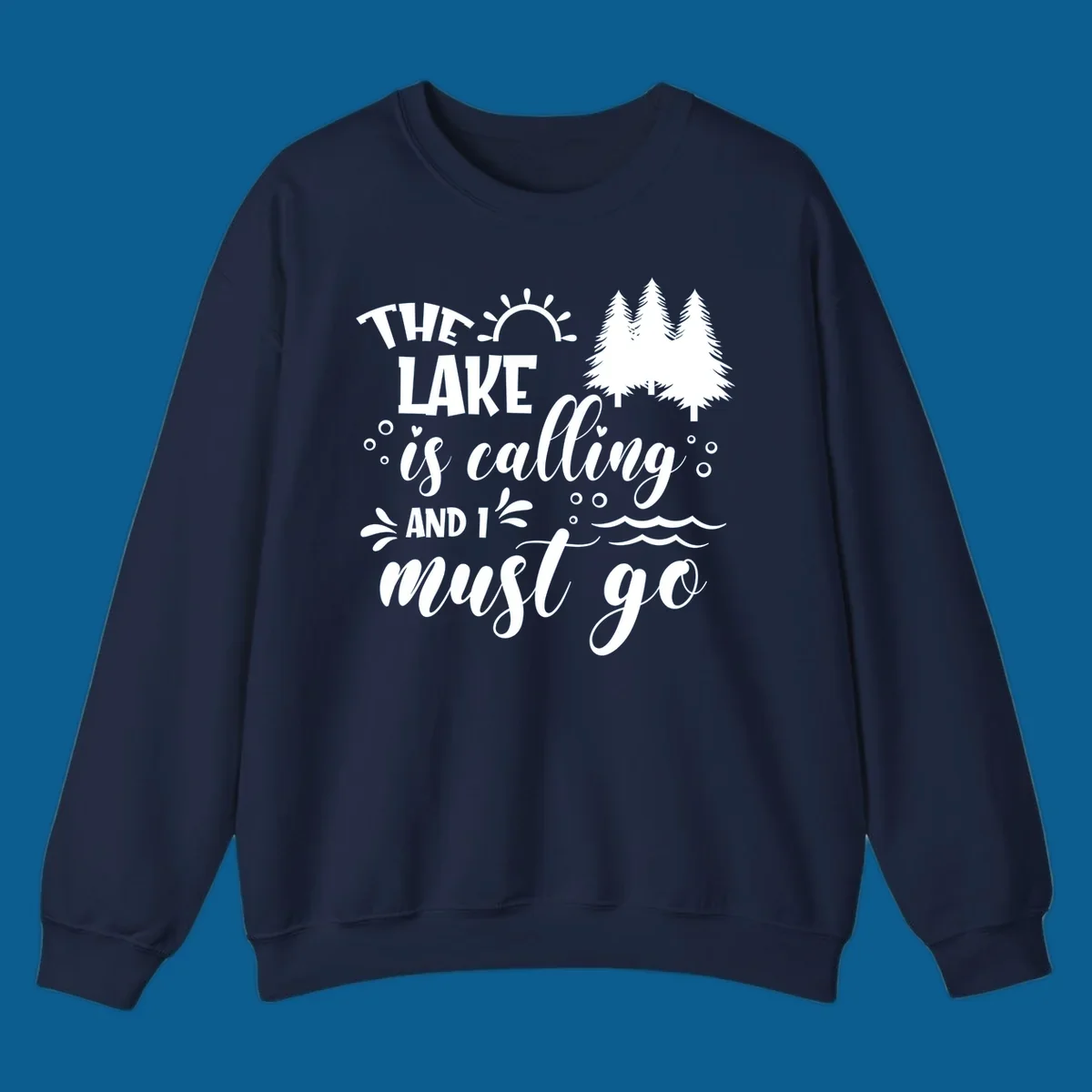 Typography design with 'The Lake Is Calling And I Must Go' phrase and nature elements, for lake life enthusiasts.