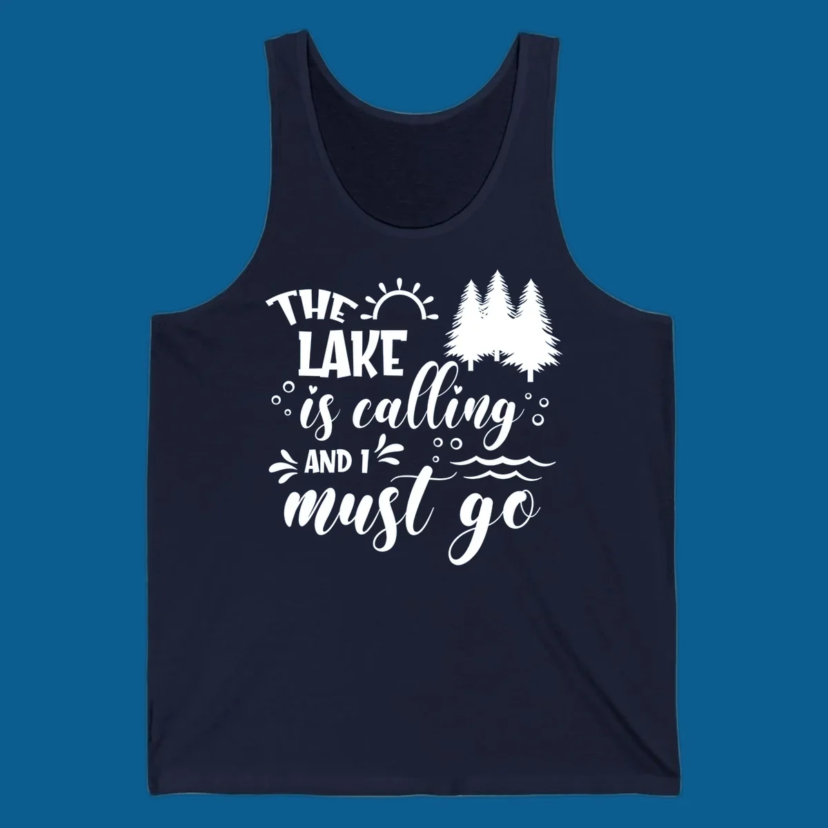 Typography design with 'The Lake Is Calling And I Must Go' phrase and nature elements, for lake life enthusiasts.