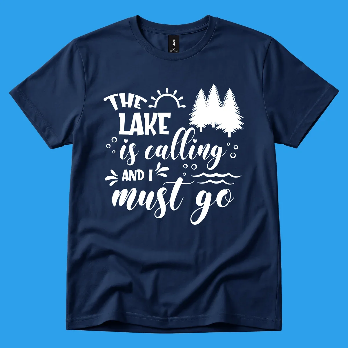 Typography design with 'The Lake Is Calling And I Must Go' phrase and nature elements, for lake life enthusiasts.