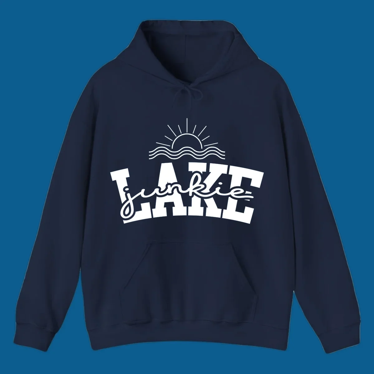 Lake Junkie graphic with sun and waves over text, for lake enthusiasts.