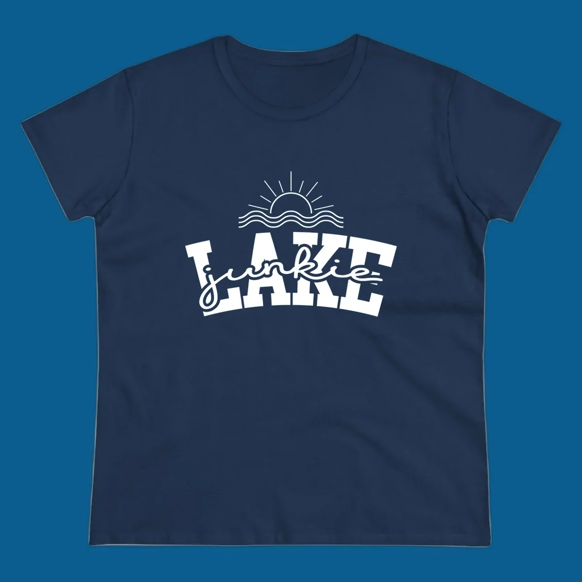 Lake Junkie graphic with sun and waves over text, for lake enthusiasts.