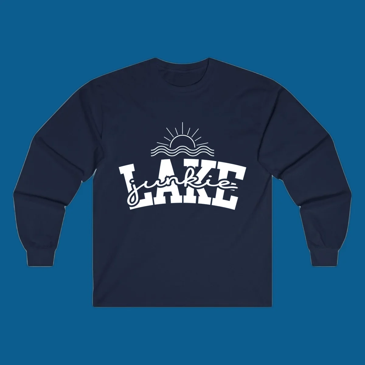 Lake Junkie graphic with sun and waves over text, for lake enthusiasts.